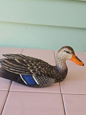 Hand-Painted Wooden Duck Decoy in Brown, Blue, Orange